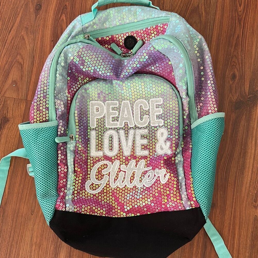 Peace love and glitter girls backpack large green pink